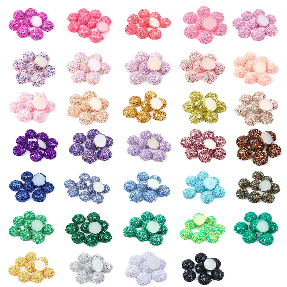 20 Pcs 14mm Chunky Glitter Resin Half Round Pearls For Art Flatback Glue On Rhinestones DIY Hair Bow Shoes Beads Phone Cases