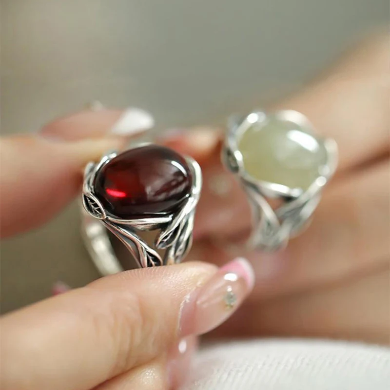 الفضة 925 خمر لف فرع خواتم للنساء الطبيعية Hotan اليشم البيضاوي الدائري زوجين موضة بسيطة مجوهرات هدية قابل للتعديل