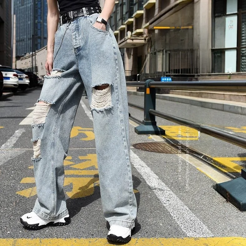 فضفاض مستقيم الساق الجينز المرأة حفرة عالية الخصر ضئيلة رقيقة الصيف الخريف السراويل الطويلة واسعة الساق الطابق طول السراويل