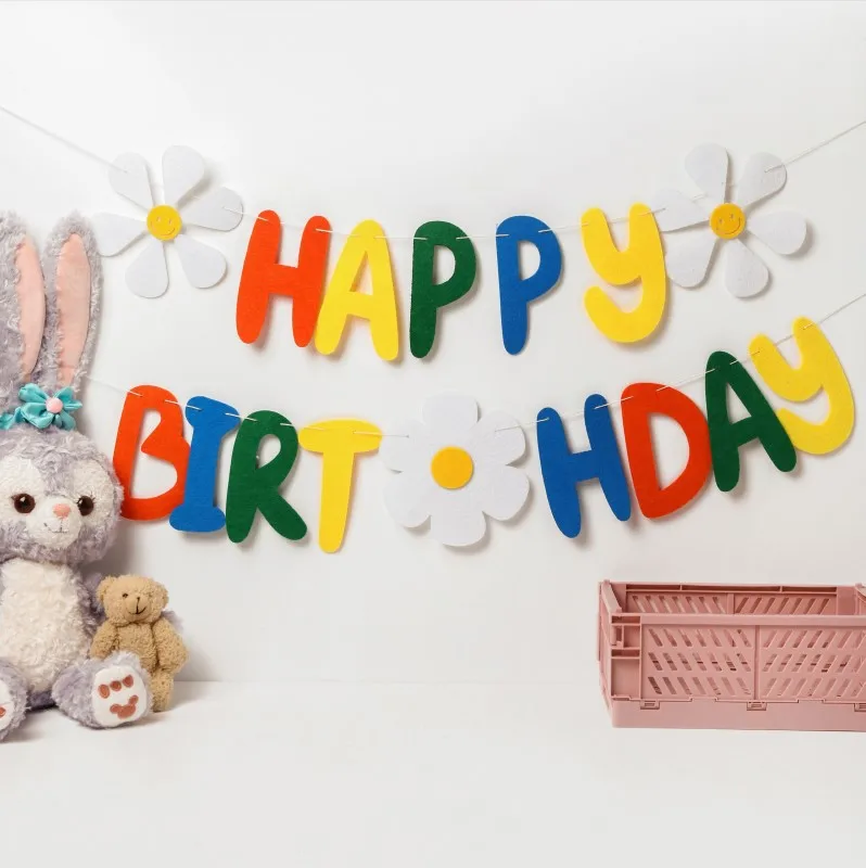 Bannière de joyeux anniversaire pour enfants, décoration de guirlande de marguerites, non tissé, marron, abricot, jaune, blanc, drapeau de fleurs, INS