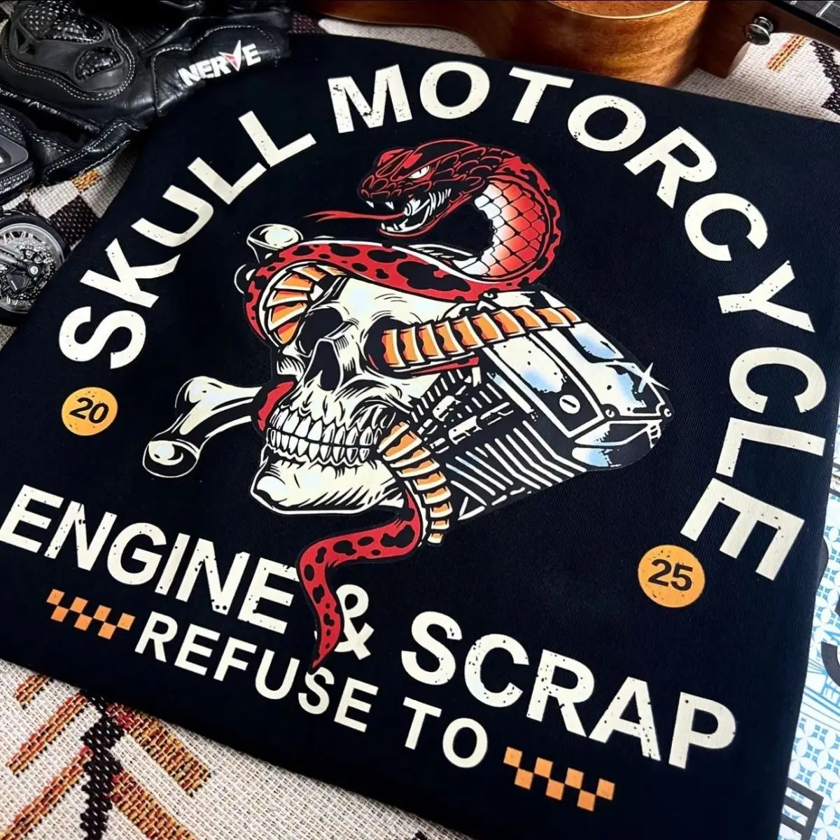 Skull Snake Plate Scrapped Motorcycle Engine American Retro Men's and Women's Pure Cotton Loose Round Neck Short-sleeved T-shirt