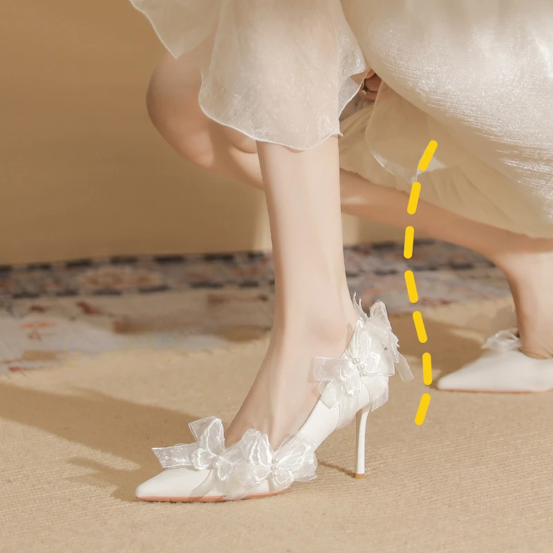 2024 3D Butterfly Satin Wedding Shoes White 8cm Stiletto High Heel Pointed Pearl Bowknot Sandals 34-39 Bridesmaid Single Shoes