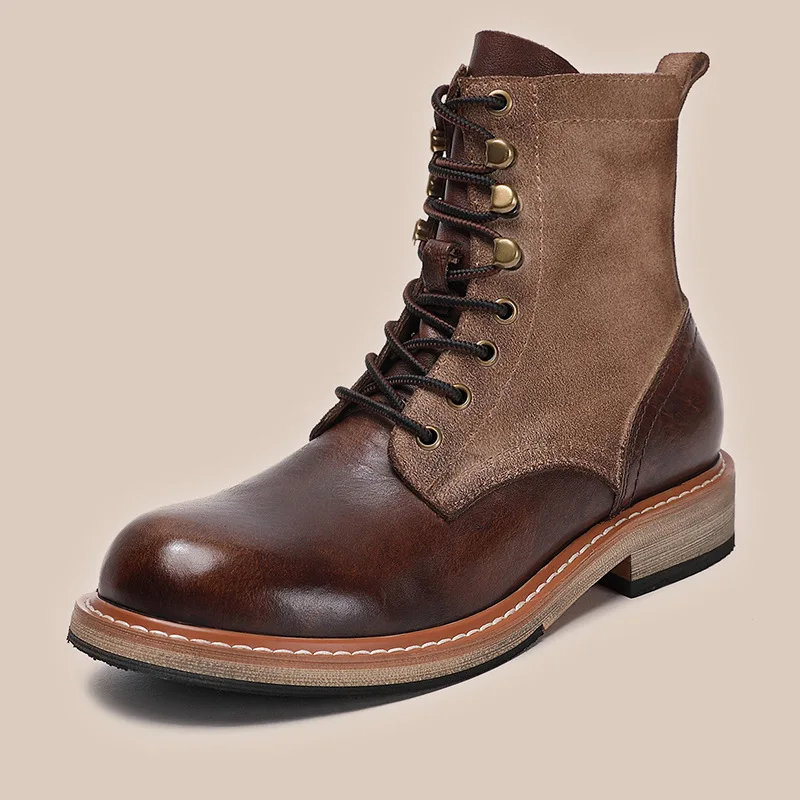 KOWM Hiking shoes men's walking boots British cowhide high top motorcycle boots women casual sneakers trekking shoes thick soled