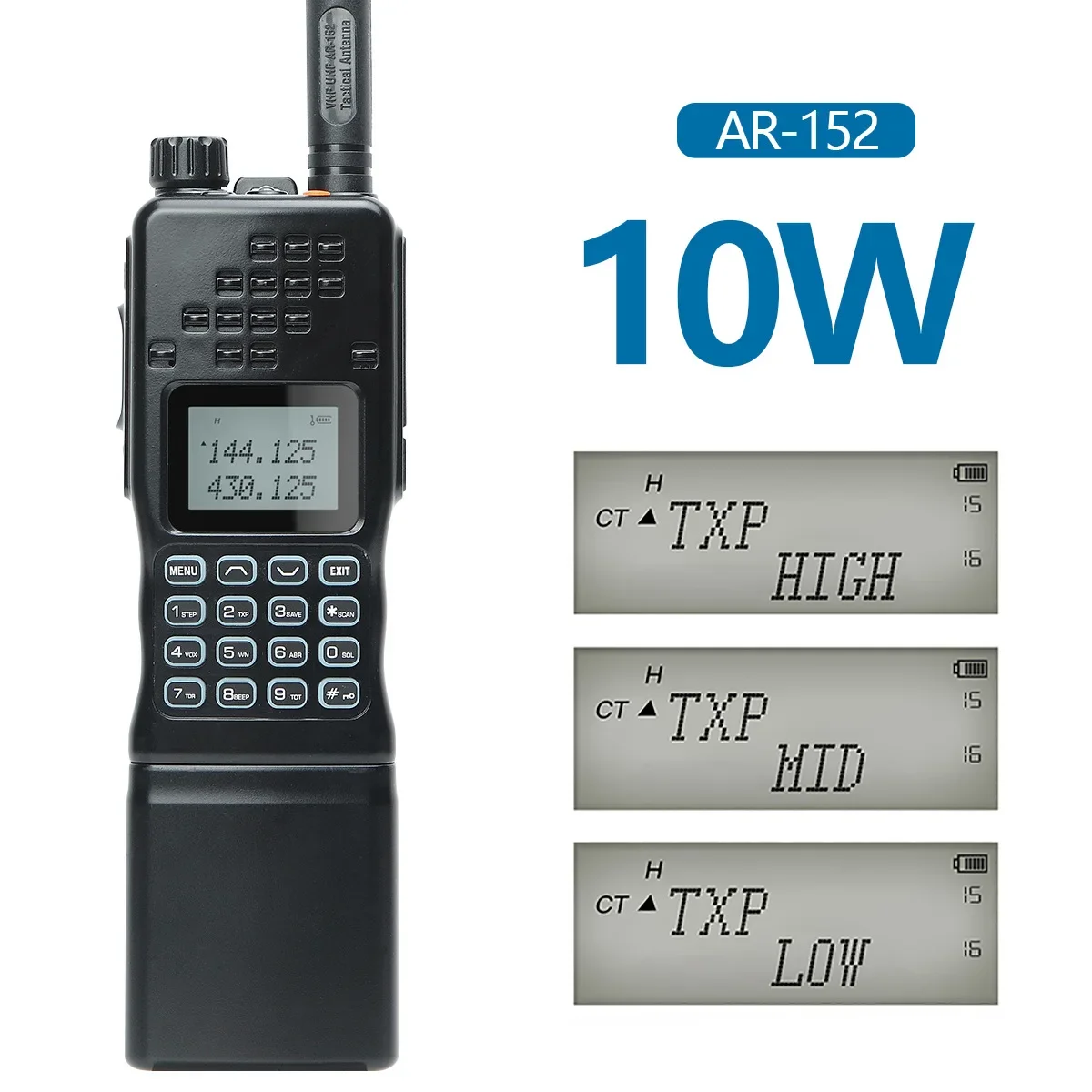 AR-152 Black Tactical Transceiver 10W Long Distance Waterproof & Gain Antenna Flashlight Keyboard General Wireless Communicator