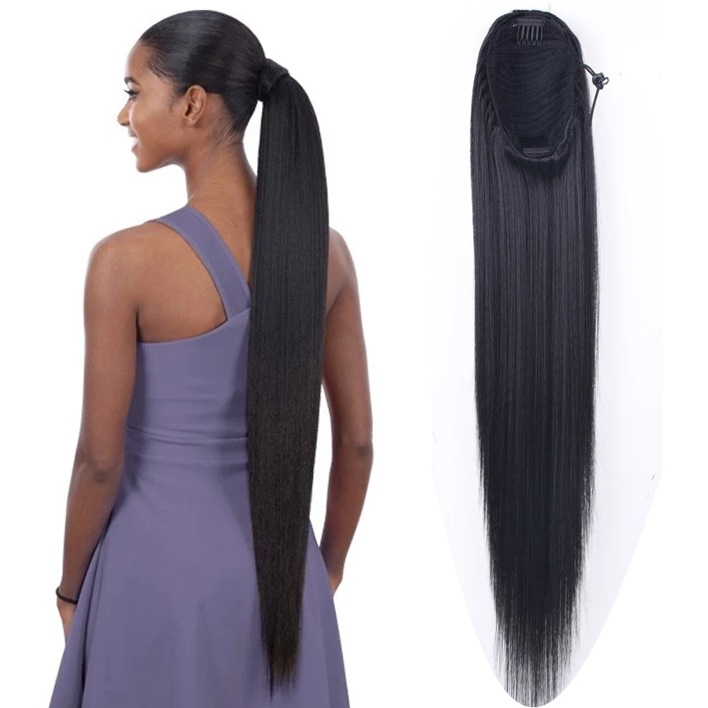 Sintético Drawstring Ponytail extensão do cabelo, clipe na peruca falsa, Hairpiece Pigtail, Long Smooth Overhead Pony cauda, 34"