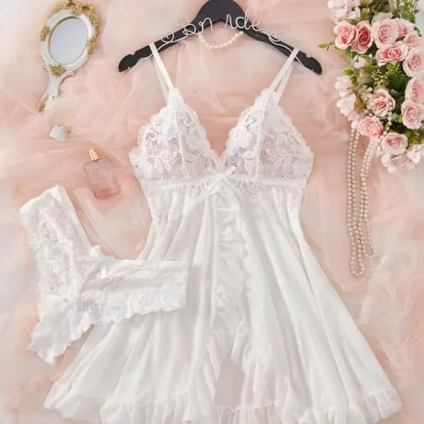 V-Neck Lace Sleep Dress with Detachable Mesh Overlay  Tie-Front, Side Slit, Ruffled Hem Sexy Dress Women