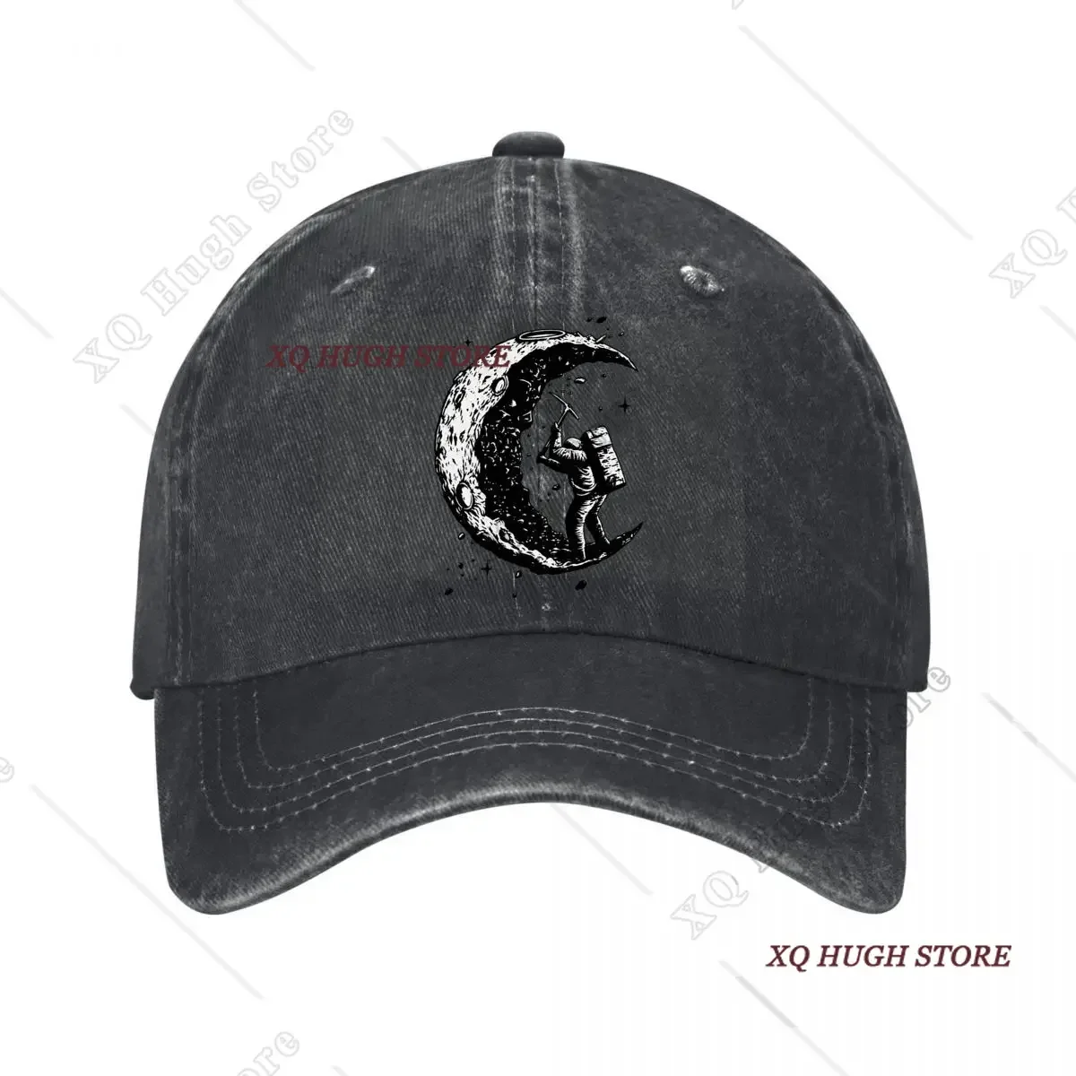 Astronaut Mining Crescent Moon Space Illustration New Vintage Washed Cotton Baseball Cap Sun Hats