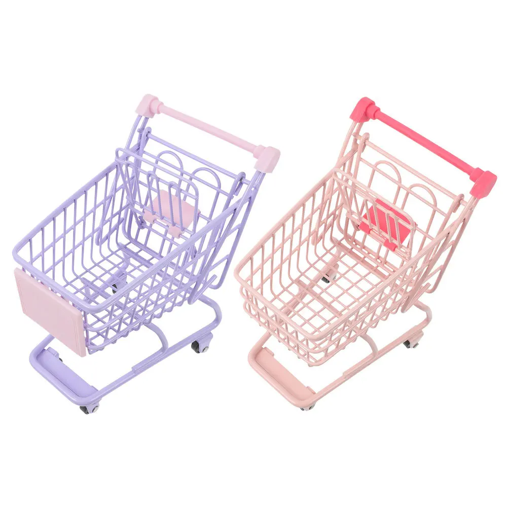 2 stks Mini Winkelen Voor Kinderen Fantasiespel Kruidenier Winkelwagen Desktop Organizer Kleine Supermarkt Trolley Decor Metalen Simulatie