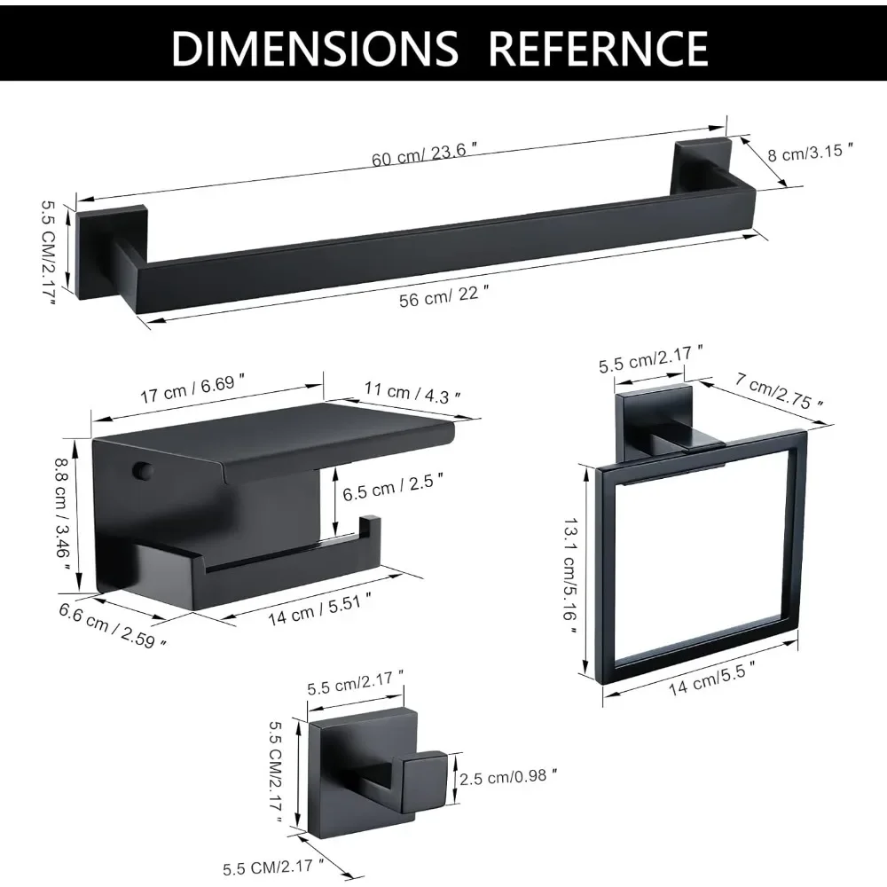 Black Towel Bar Set, Hardware Set Banheiro, Inclui 23.6 "Towel Bar, Toalha Ring, Toalha Gancho, Toilet Paper Holder, 5 pcs