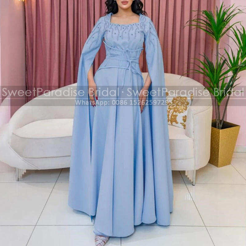 Long Sleeves Heavily Beaded Mother of the Bride Dresses Pleat A Line Square Neck Blue Satin Arabic Women Formal Evening Dress