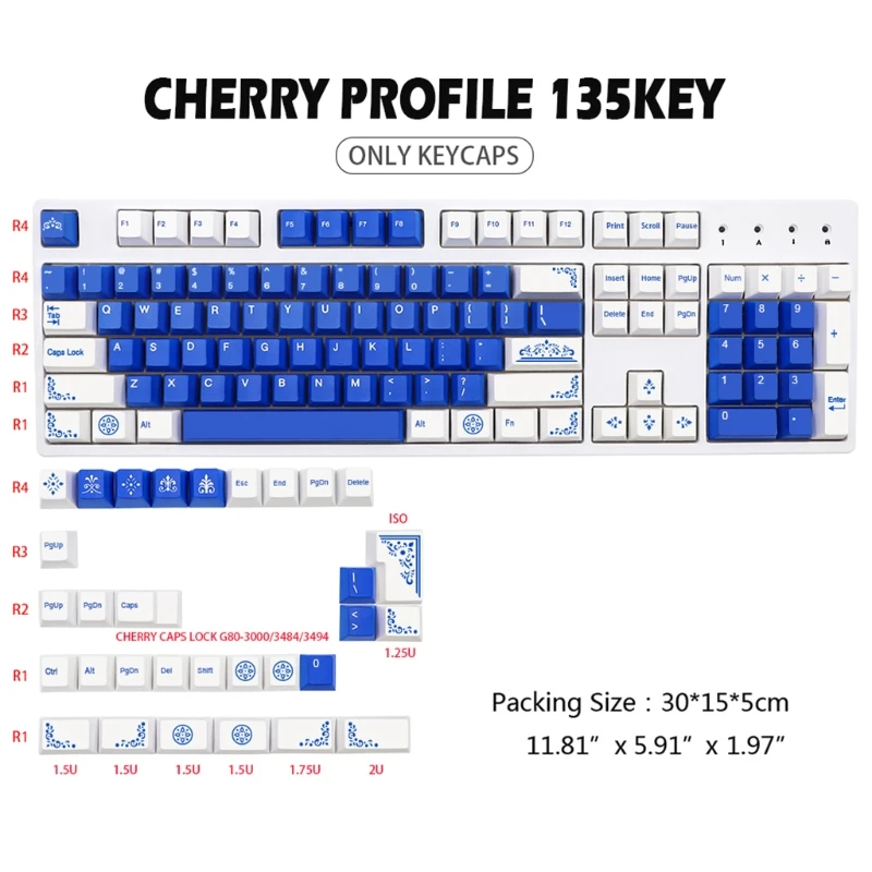 Lazurite-Tastenkappe, PBT-Standard-Farbstoffsublimationsprozess-Tastenkappe, 135 Tasten, Kirschprofil, 1,75U, 2U-Verschiebung