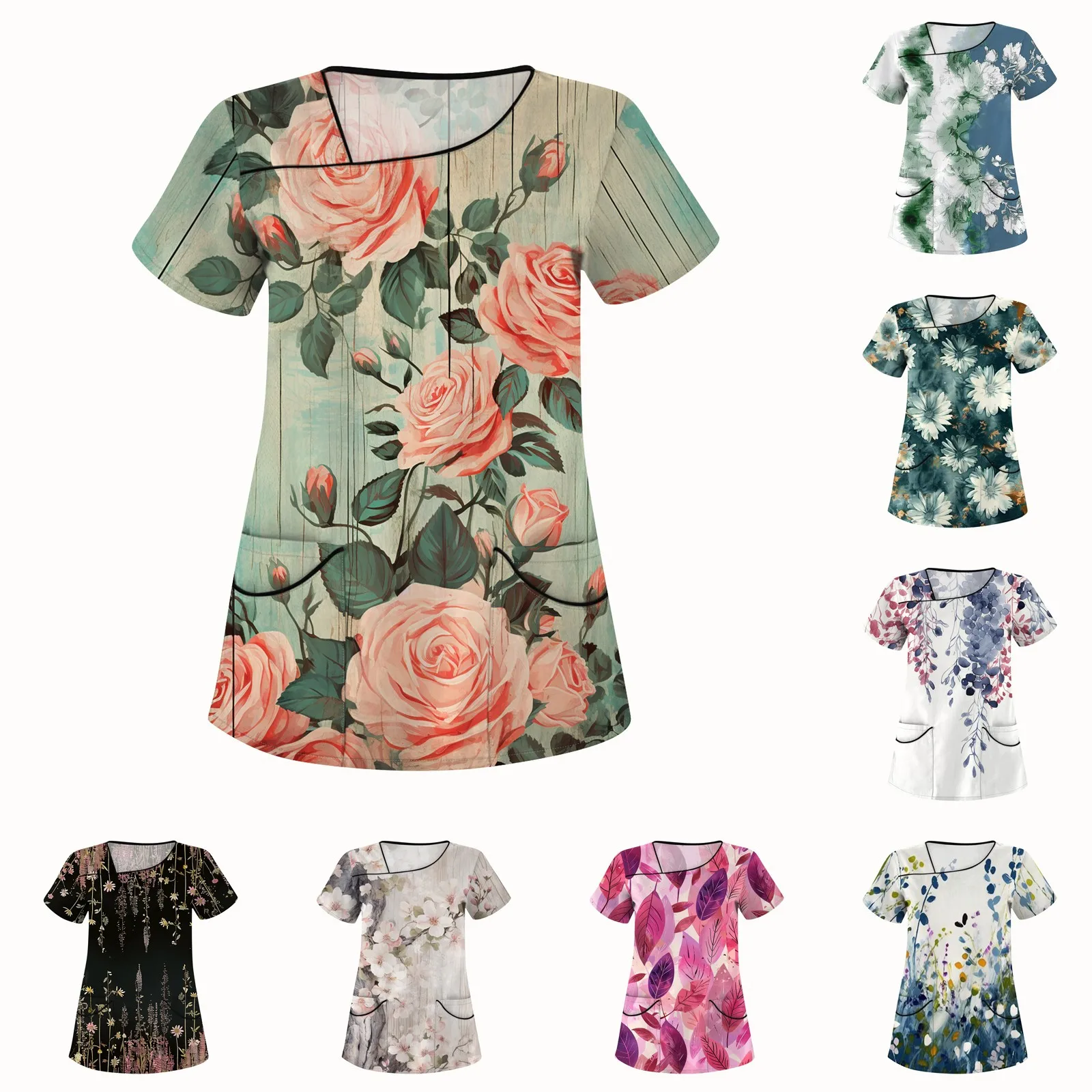 Painted Pattern Medical Uniforms Casual Loose Short Sleeve Tops Fashion T Shirts for Woman Uniforme Clinico Mujer