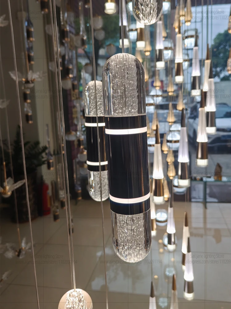 LED Luxury Capsule  Pendent Lamp Modern Vertical Stair Chandelier Long Hanging Lamp For Duplex Loft Villa High Ceiling Stairwell view 5
