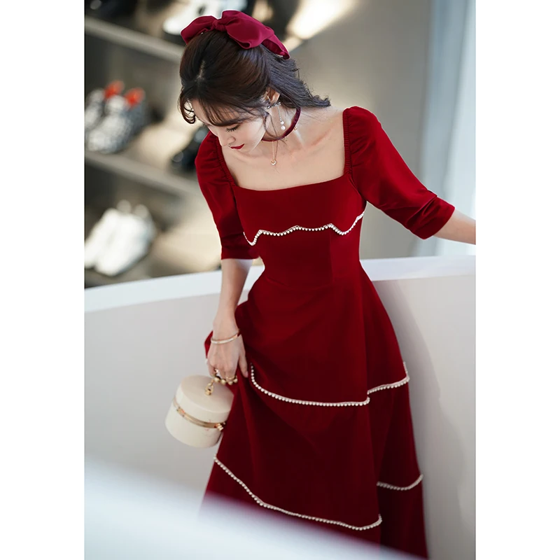 

Красное вечернее платье в корейском стиле для подружек невесты, длинная юбка, модное женское платье для помолвки