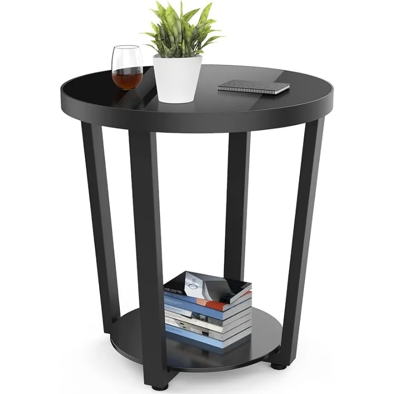 NSFRCLHO Round End Table, Tempered Glass End Table with Metal Frame, Small Coffee Table, Black Sofa Side Table for Living Room