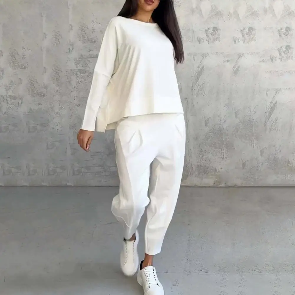 Summer Two-piece Set Elegant Women's Top Pants Set with Long Sleeves O Neck T-shirt Elastic Waist Harem Trousers for Office