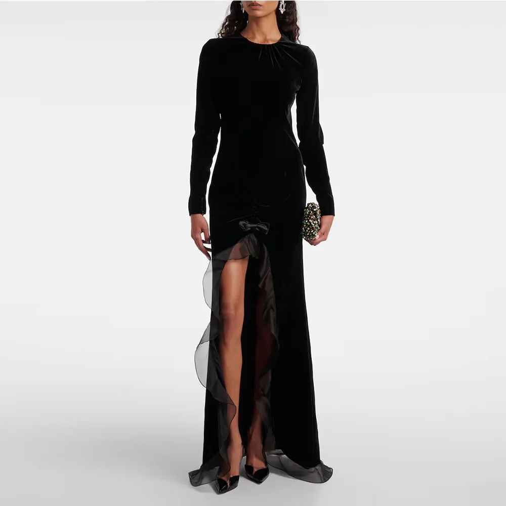 

Black Velvet Evening Dress Customized O-Neck Long Sleeves Mermaid Floor Length Formal Party Dress with Bow Ruffles Prom Dress