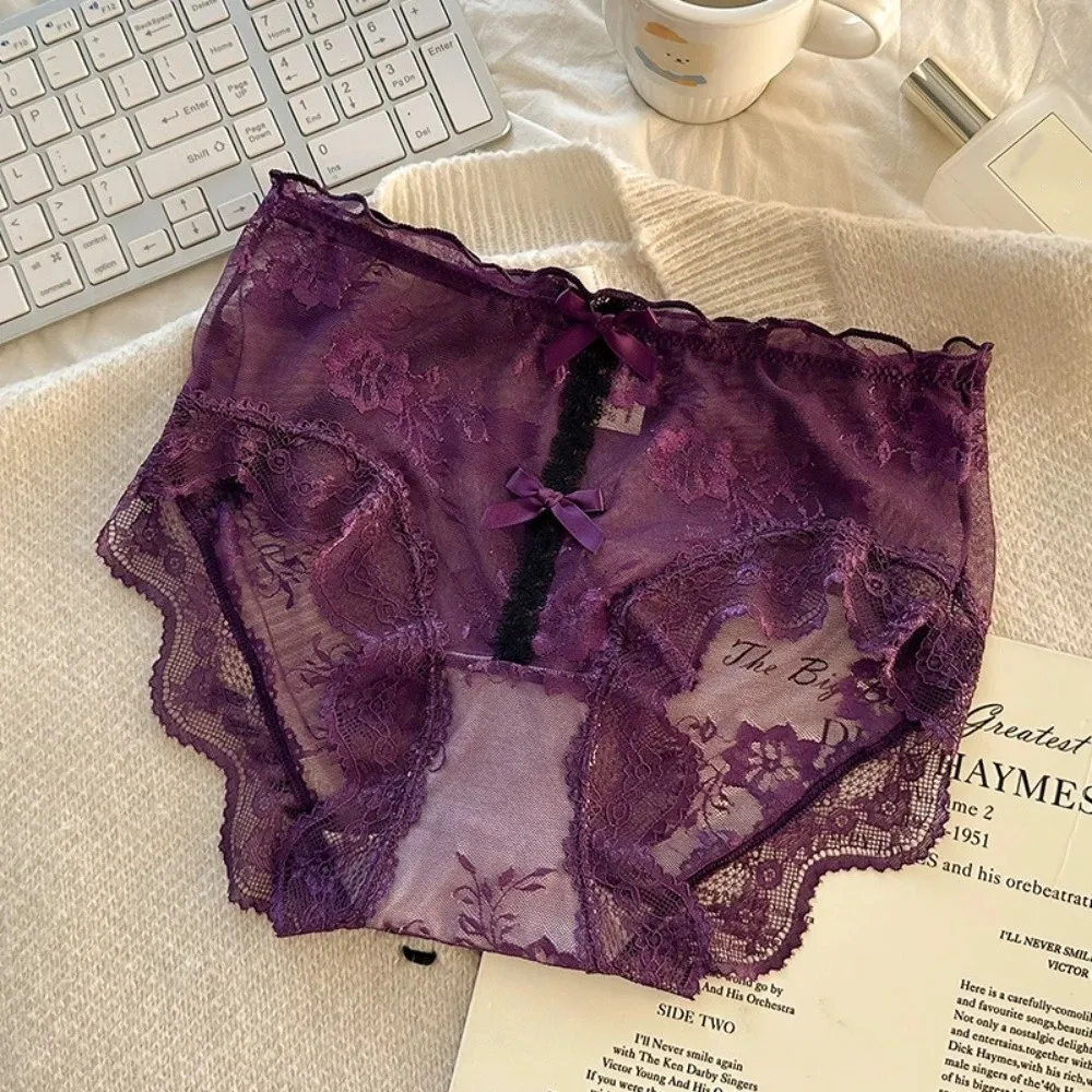 

Comfortable Cotton Crotch Sweet Lace Panties Mesh Transparent Underwear for Women Mid Waist Bow Lace Flower Briefs Summer