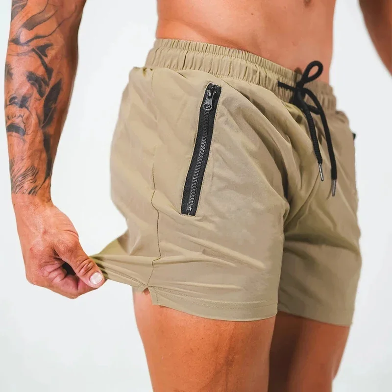 Calção de banho seca rápida masculina com bolsos com zíper, forro de malha, calções de praia casuais verão masculino, maiô maiô maiô maiô