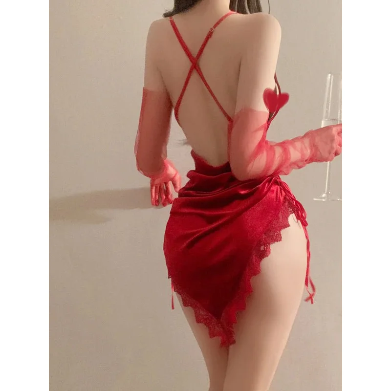 Spiry girl design sem costas sexy vestido de alça de renda, feminino verão tentação vestido curto elegante quente sexy feminino 2023 ahx5