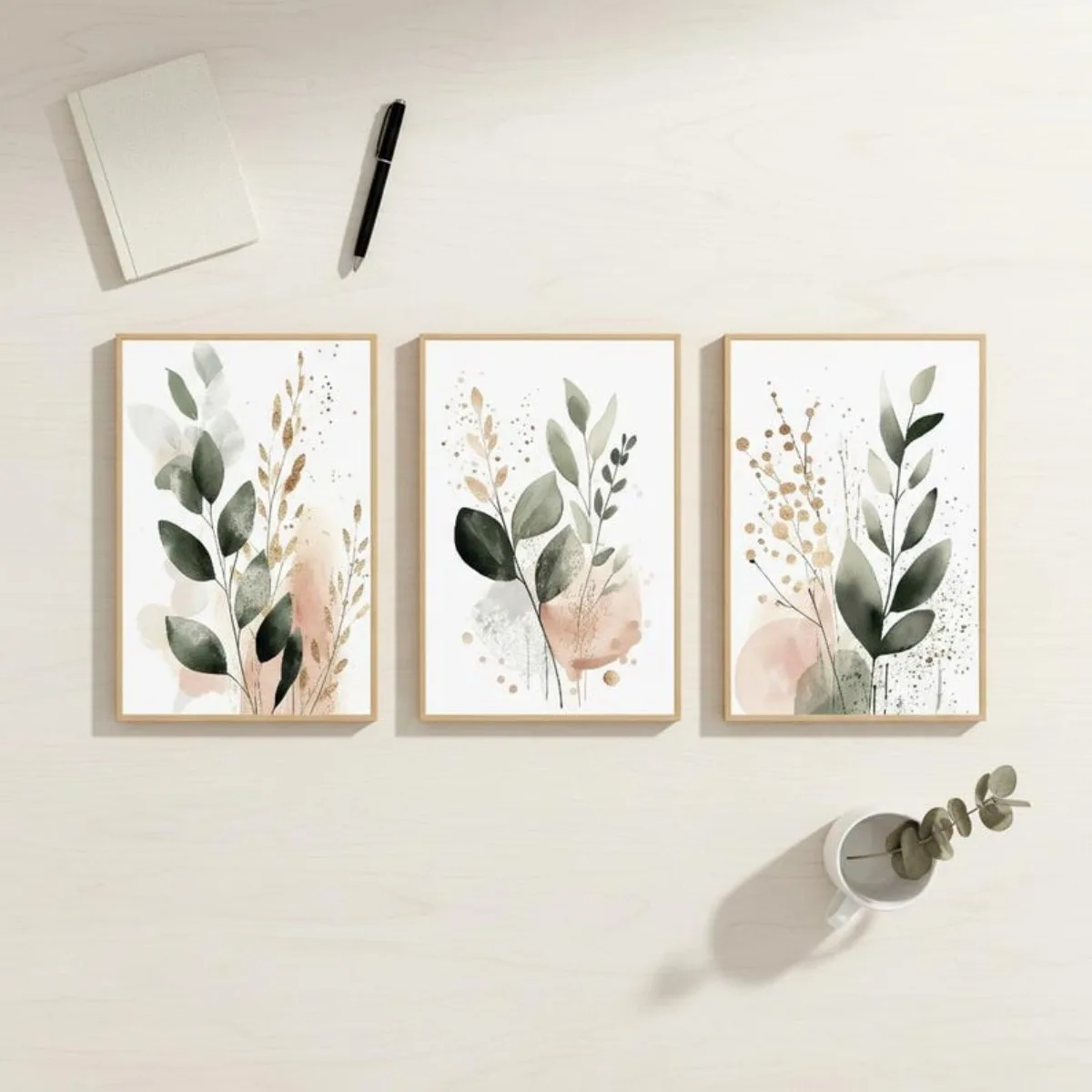Set Of 3 Green Eucalyptus Watercolor Canvas Wall Art Pink Blush Botanical Print For Bedroom Home Decor