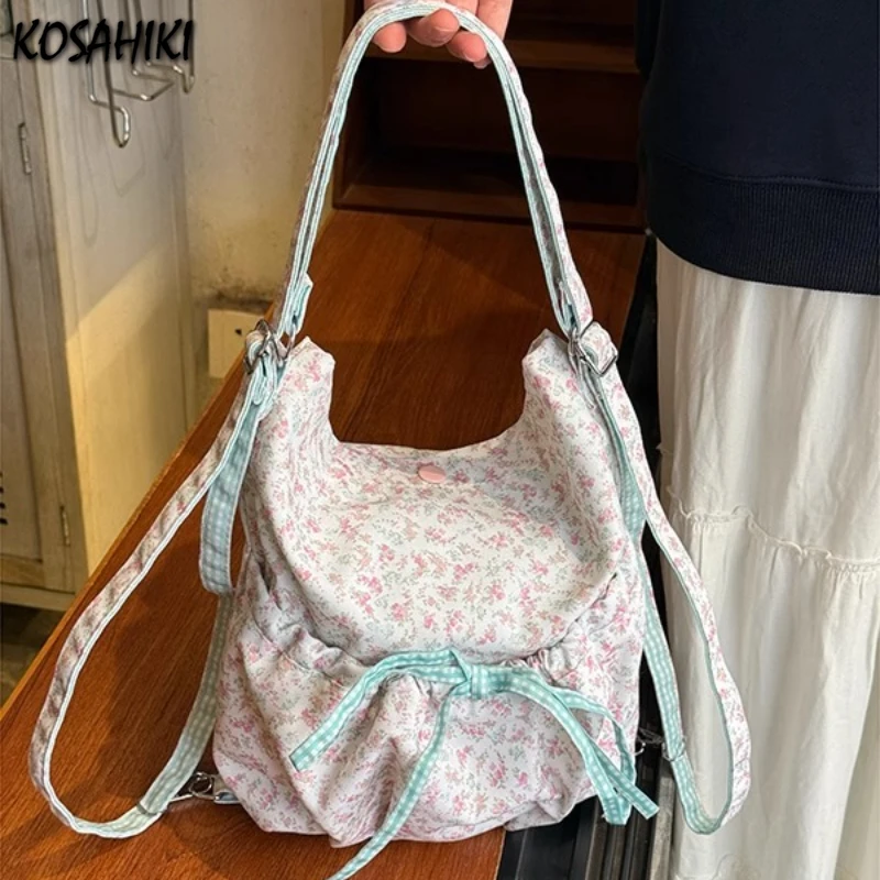 

Fashion Fairy Flower Print Shoulder Handbags Chic Canvas Kawaii Bow Backpacks Preppy Y2k Aesthetic All Match Sweet Underarm Bag