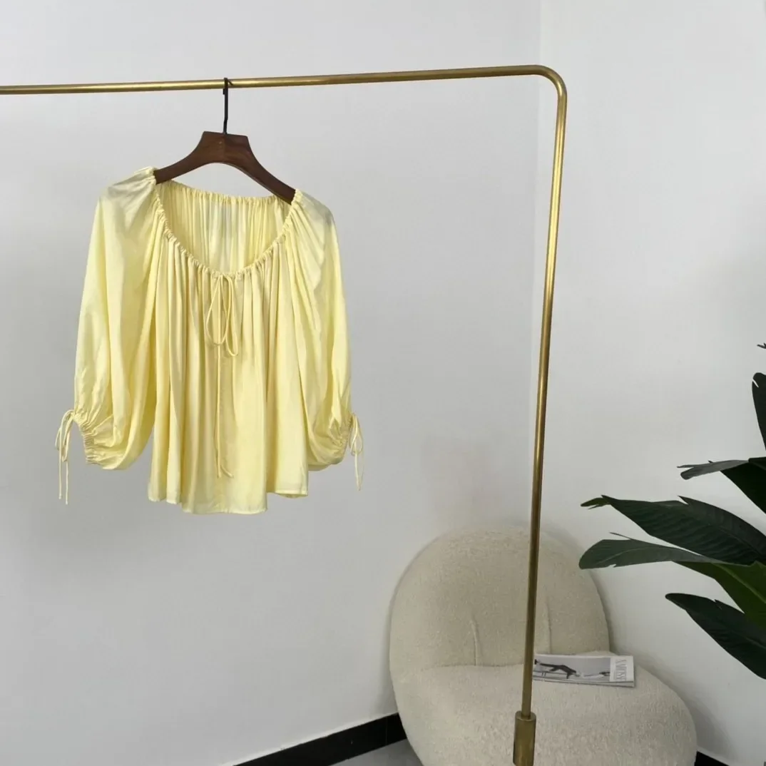 

Yellow White Slash Neck Long Lantern Sleeve Ruched Blouse Tops Elegant Fashion Women 2024 Spring Summer High Quality Clothing