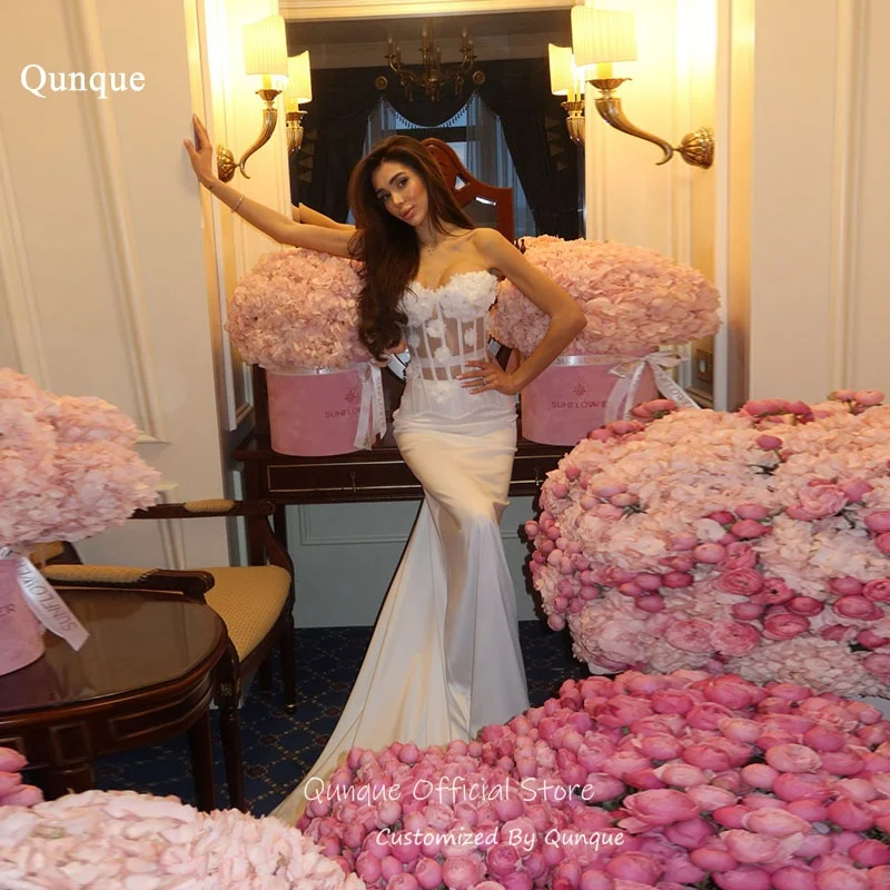 Qunque Graceful Mermaid Wedding Dress 3D Floral Appliqués Evening Dress Sweetheart Civil Bridal Vestido De Novia Boda Customized