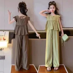Girls Summer Casual Sets Kids Solid Colour Fashion Suits Children Sleeveless+Wide Leg Pants 2Pcs Outfits 2024 New Trends Clothes