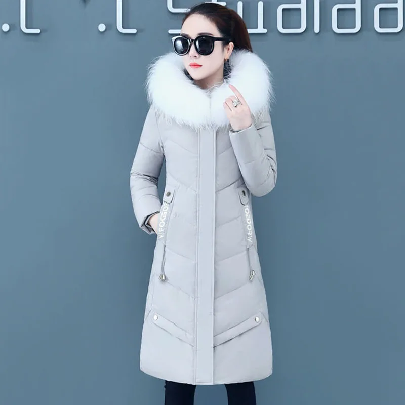 Fashion White Duck Down  Women's Temperament Mid-length  Korean Version Hooded Slim Embroidery Winter Fur Collar Coat Lady