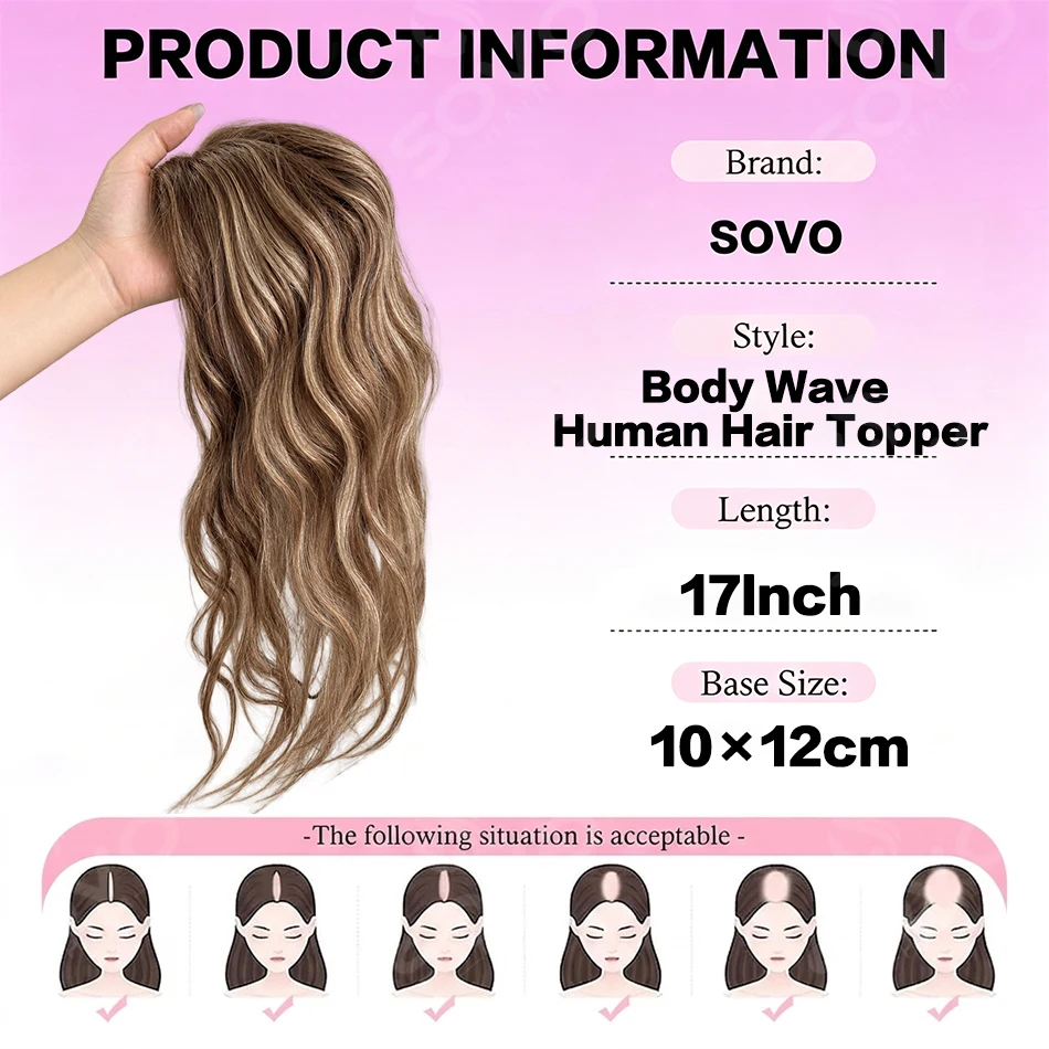 17 Inch Body Wave Remy Human Hair Topper Clip In Realistic Breathable Mesh Base #T8-8-22 10x12cm for Thinning Hair Add Volume