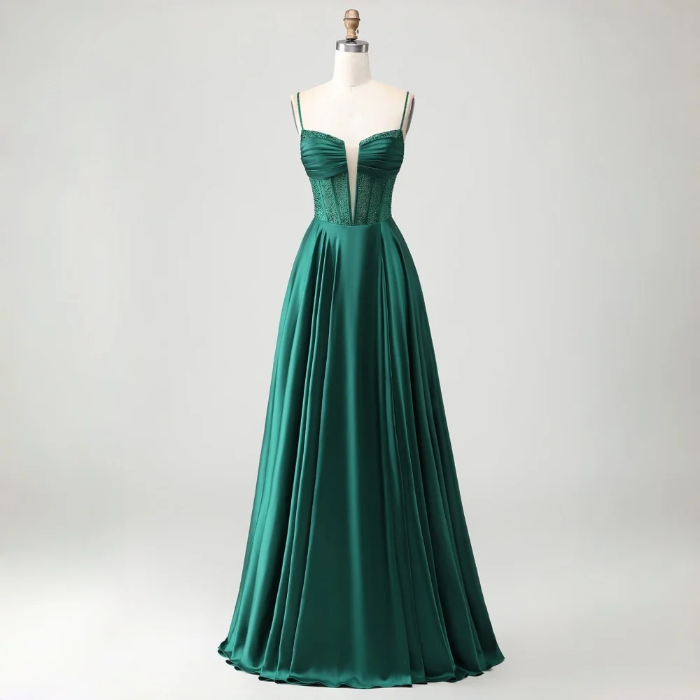 Evening Gown Satin A-Line Dress Corset Bodice Spaghetti Strap Plunge Neck Lace-Up Back Floor Length Prom Bridesmaid Dress