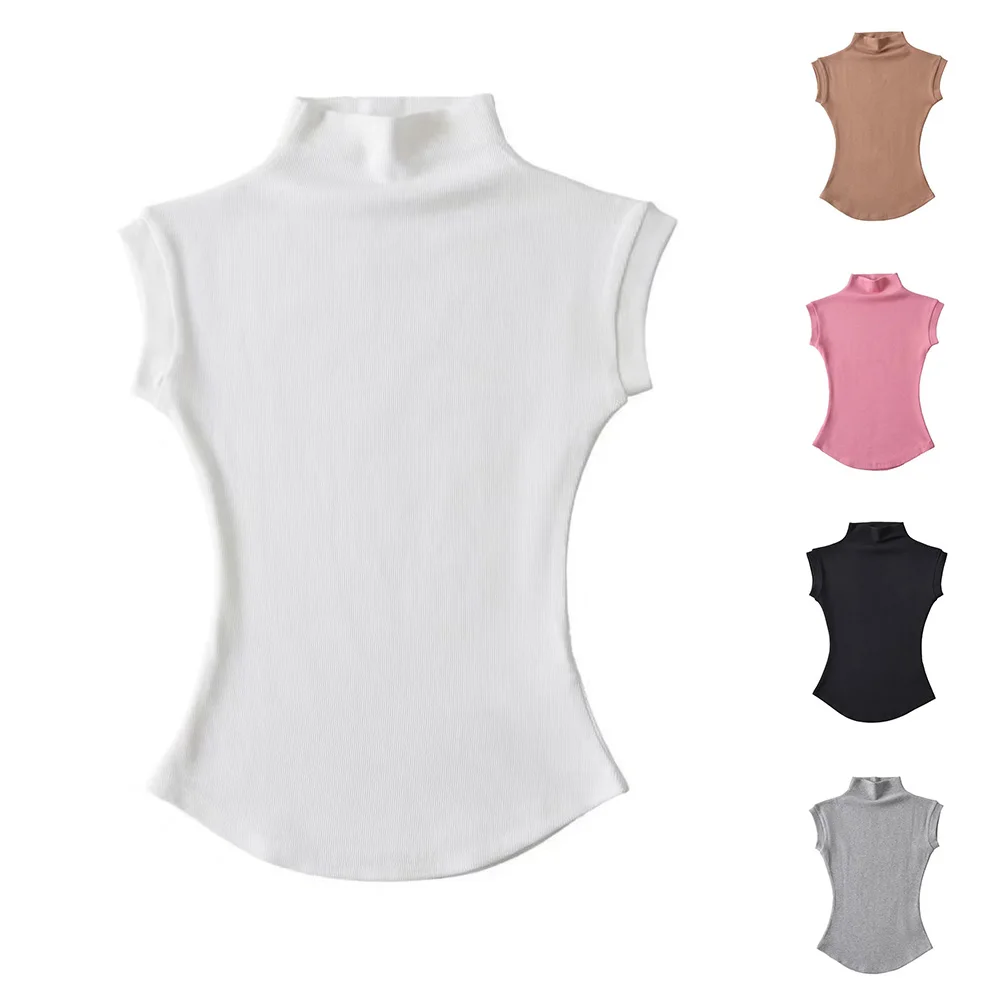 Top Black Grey Light Coffee Pink Polyester S-L White T-Shirt Womens Casual Half Turtleneck Hot Girl Short Sleeved