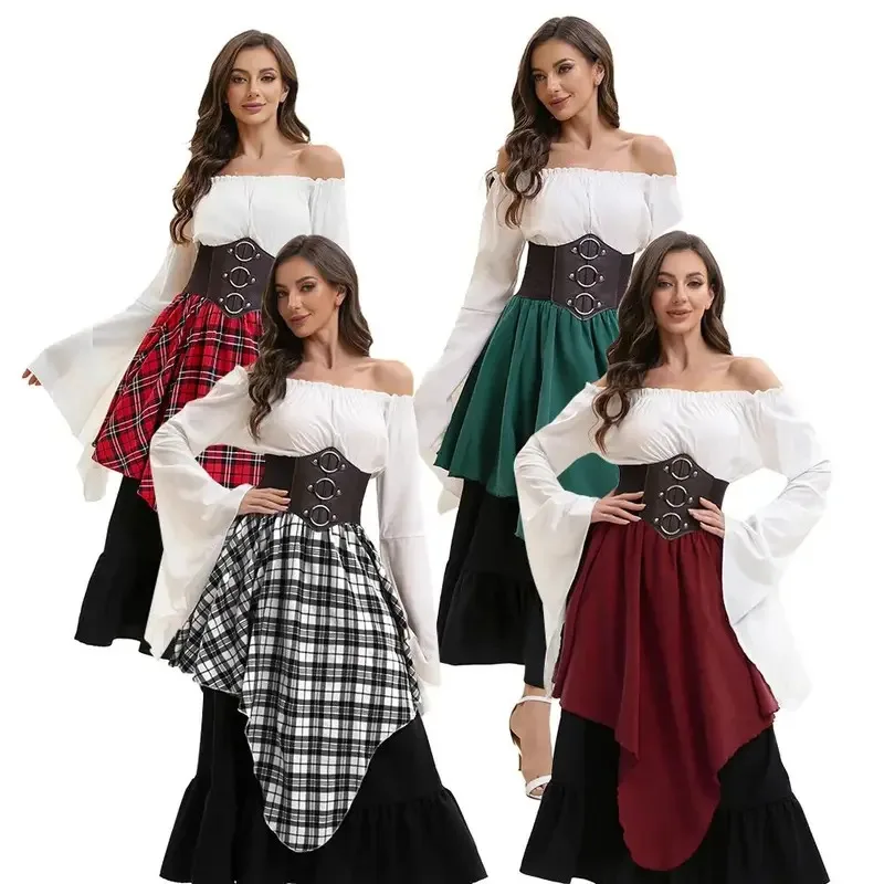 

Summer women's retro medieval large skirt with red and white checkered irregular half skirt, long skirt, top, waist cinching set