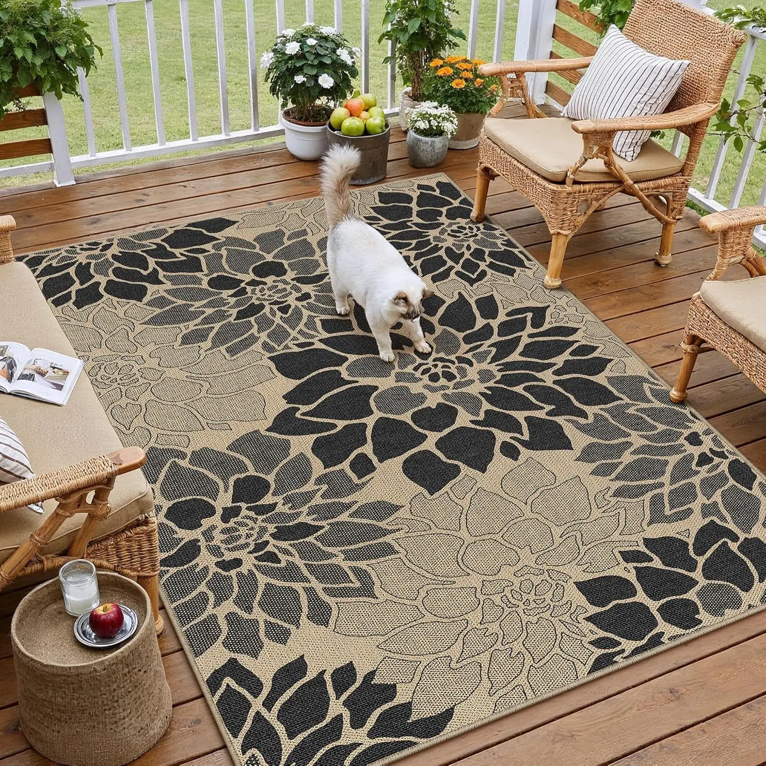 

4x6 Easy Jute Outdoor Rug Black Floral Textured Indoor Outdoor Area Rug Farmhouse Patio Carpet for Backyard, Patio, Porch, Ea