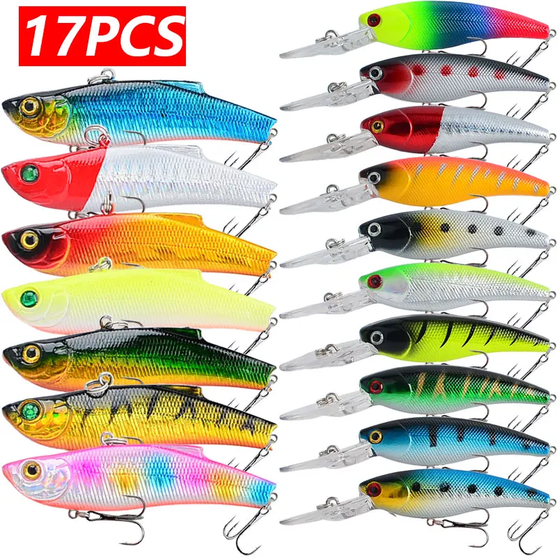 17pcs/lot Fishing Lure 8.8g Minnow Crankbit 17.2g Vib 3D Eyes Perch Artificial Bait Pike Carp Bait Swim Bait Fishing