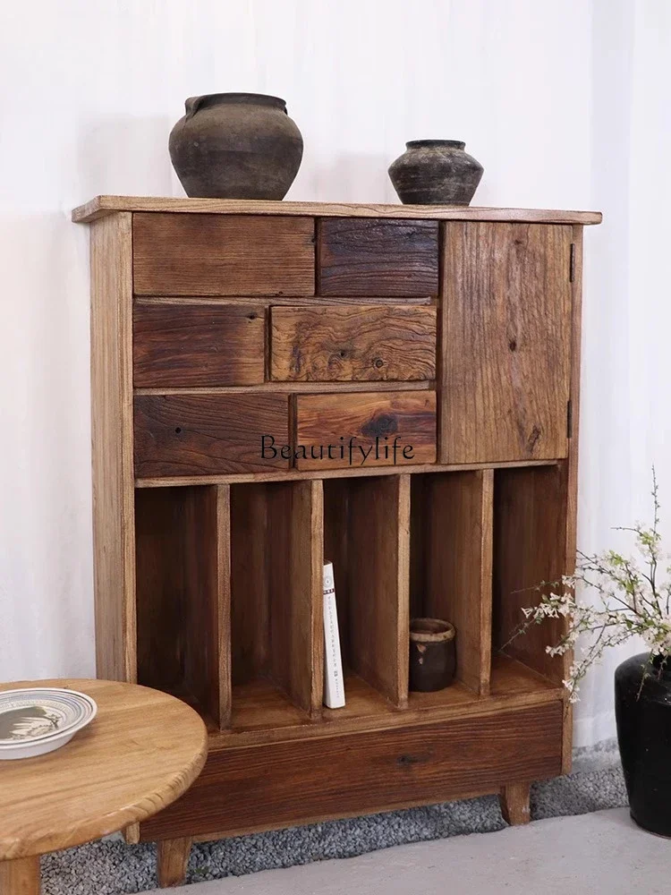 

yj32 Wabi-Sabi Style Solid Wood Sideboard Decorative Storage Cabinet Homestay Furniture Vintage Entryway Cabinet