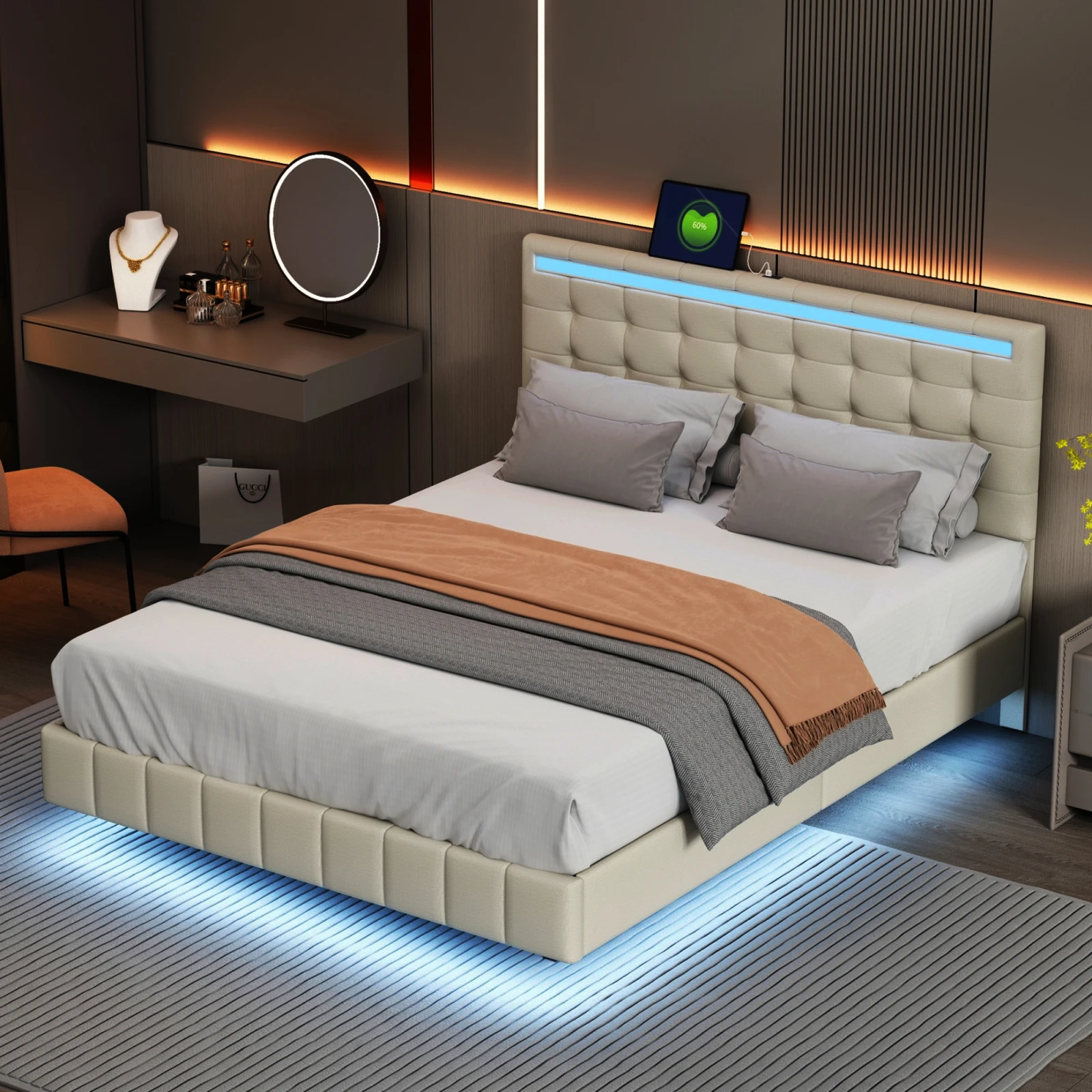 Upholstered Bed 140 x 200 cm Double Bed, Floating Bed with LED Lighting and 2 USB, Bed Frame with Slatted Frame, Flat Double Bed