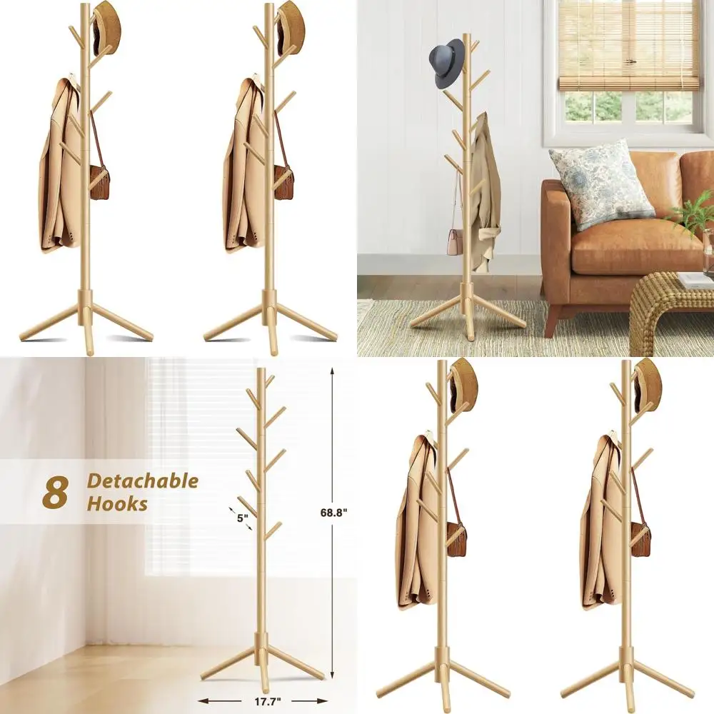 

Freestanding Coat Rack with 8 Hooks, 3 Adjustable Heights for Clothes, Hats, Bags - Suitable for Entryway, Bedroom, Hallway
