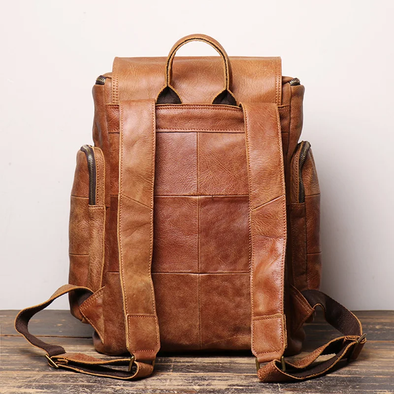 Men's Backpack Cowhide Vintage Brown Leather Casual 15.6'' Laptop Bag Large Capacity Outdoor Travel