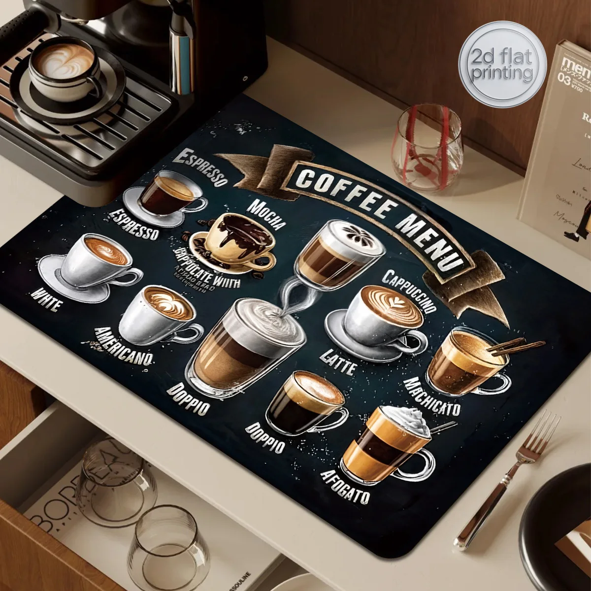 1pc Coffee Absorbent Mat Dish Drying Mat - Coffee Doodle Pattern - Kitchen Countertop Protective Mat Dishwashing Mat Super Absor