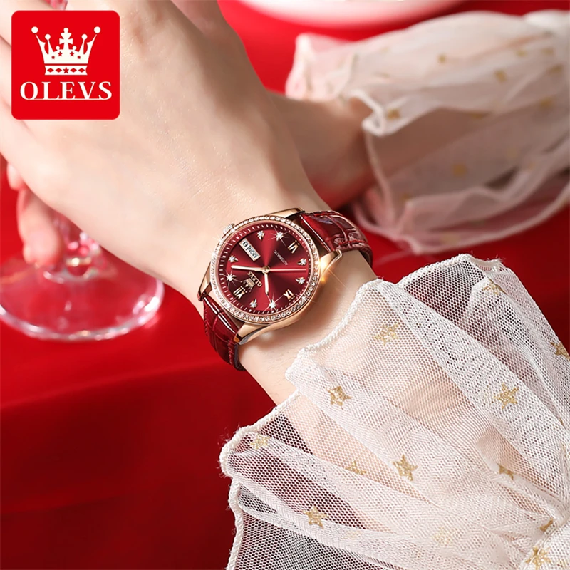 OLEVS Fashion Women Mechanical Watches Leather Strap Waterproof Week Date Women Luxury Diamond Automatic Watch Zegarek Damski