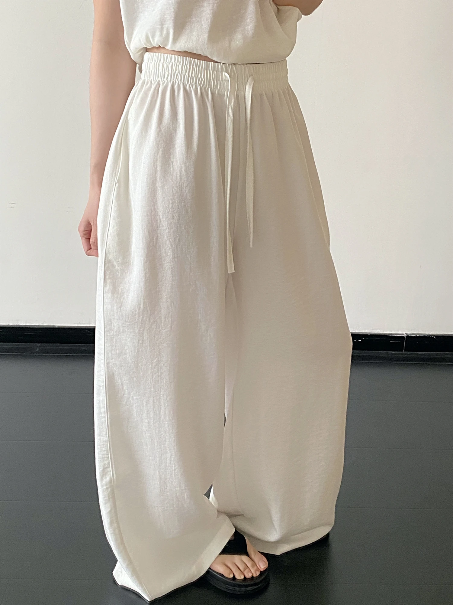 

SunYeo Spring Summer Loose Women's Linen Pants Natural Look Casual Straight Leg High Waist Rope Door Knob Other Material