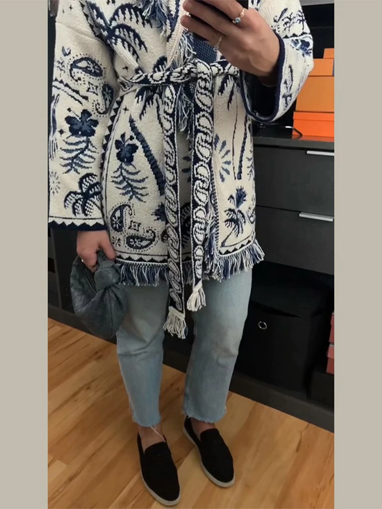 

Жаккардовый женский кардиган с поясом и бахромой, повседневный свободный вязаный свитер, женская одежда, весна-осень 2025