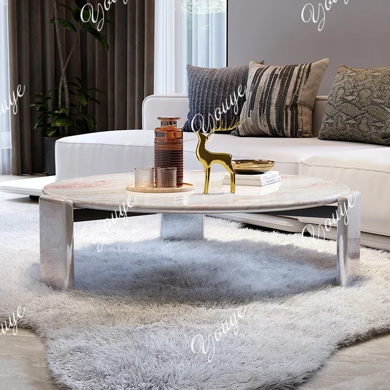 N40 XS Luxury Stone Round Coffee Table Rainbow High-end Living Room Designer Villa Natural Marble Coffee Table Pink