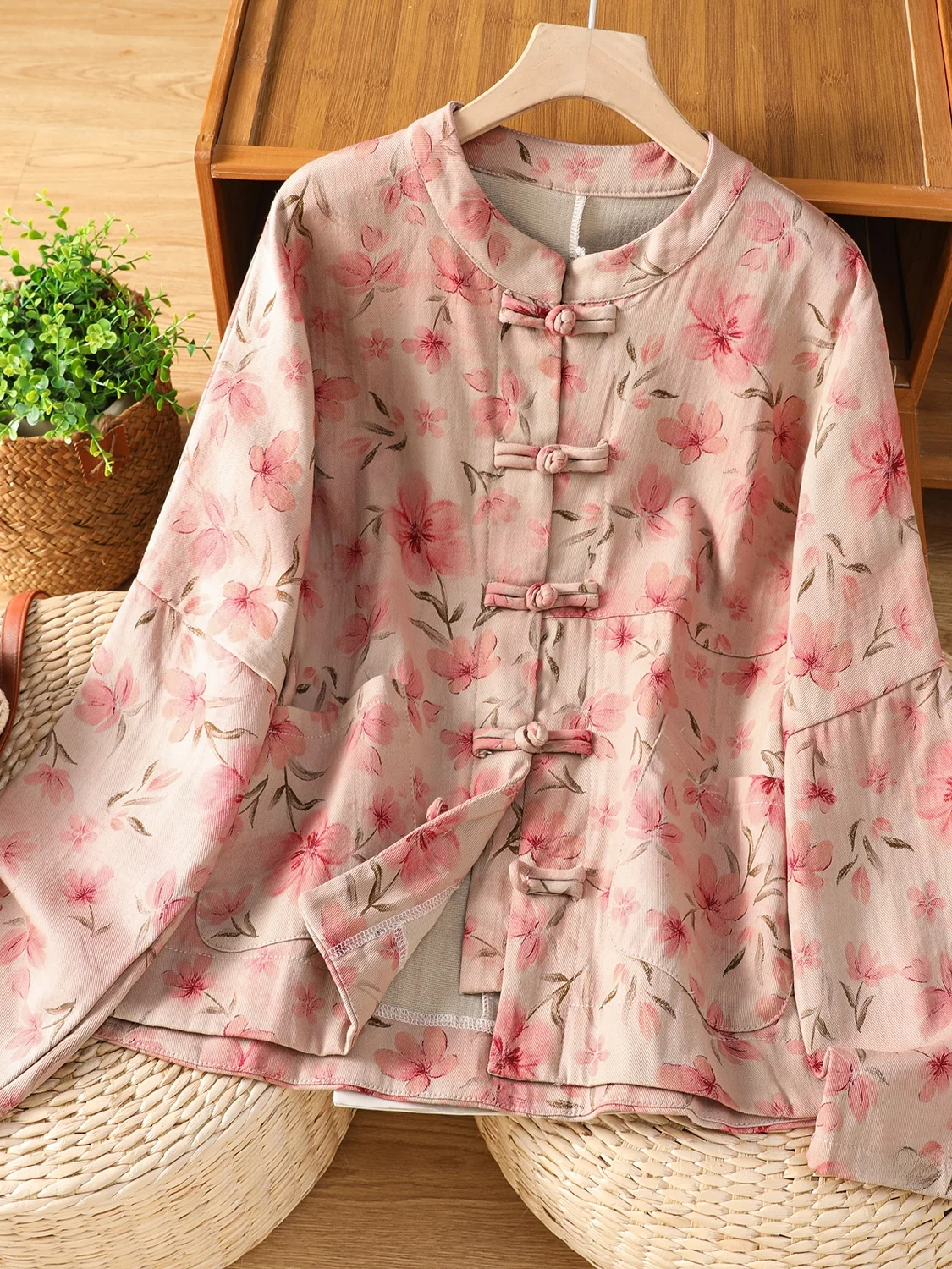 

Loose Long Sve Women's Jaet New Chinese Sle Button Floral Print Artistic Loose Outerwear Winter Cotton Cardigan