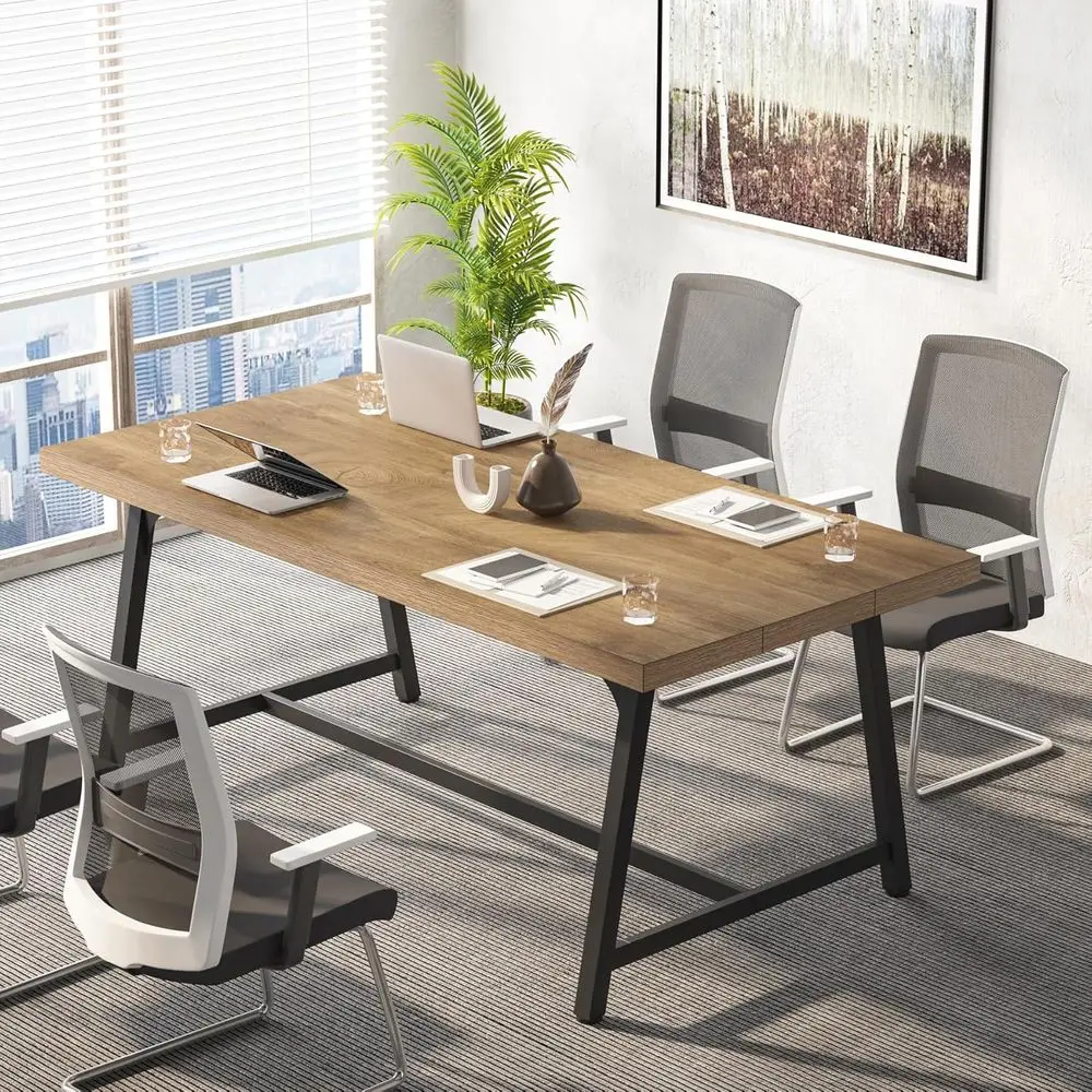 

6-Person Rectangular Conference Table, 70.87L x 33.46W x 29.92H, Wood Office Executive Desk, Yellow Brown