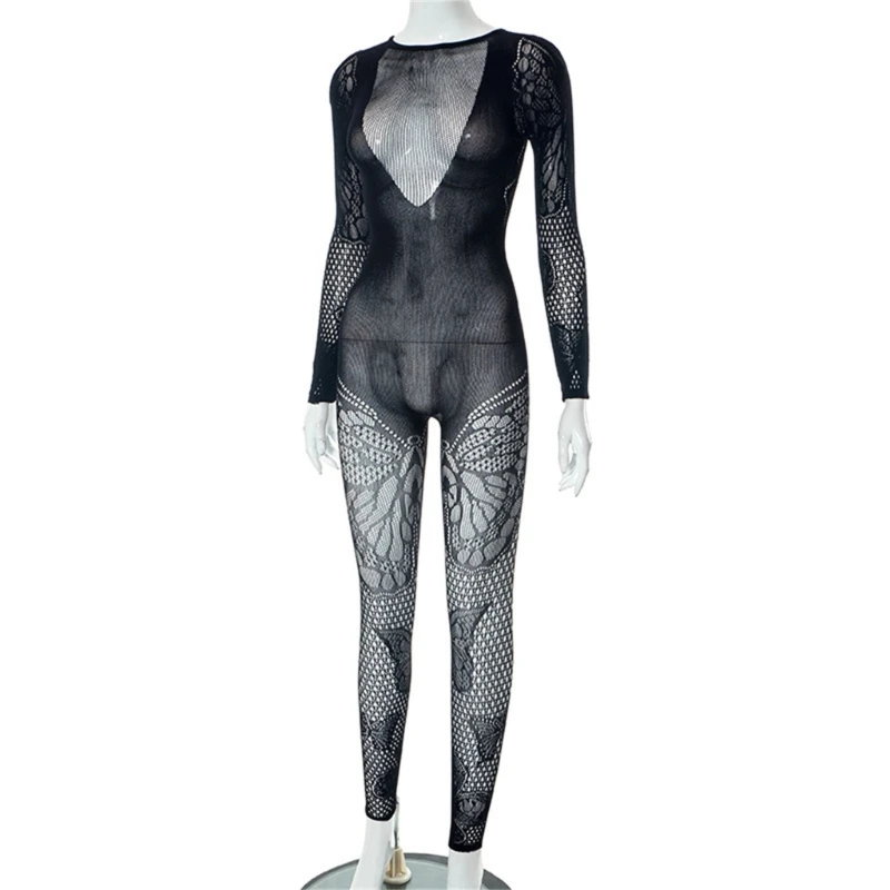 

Black Stretchy Bodysuit Sexy Hollowed Jumpsuit with Butterfly See Through Lady Bodycon Pieces Romper