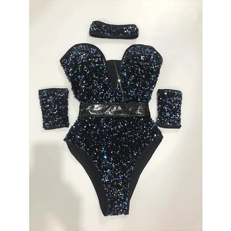 New Sequins Bodysuit Bar Jazz Pole Dancing Costume For Female Rave Outfits Nightclub Dj Singer Dancer Stage Show Dancewear Set