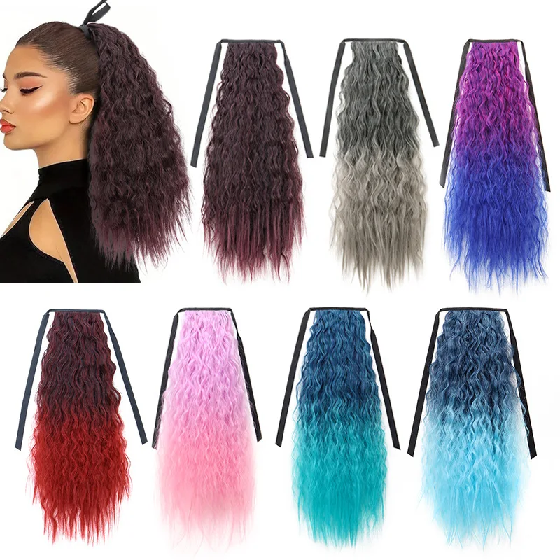 22 Inch Synthetic Long Kinky Curly Ponytail Drawstring Clip In Ponytail Black Blonde Hair Extension for Women KPOP halloween wig